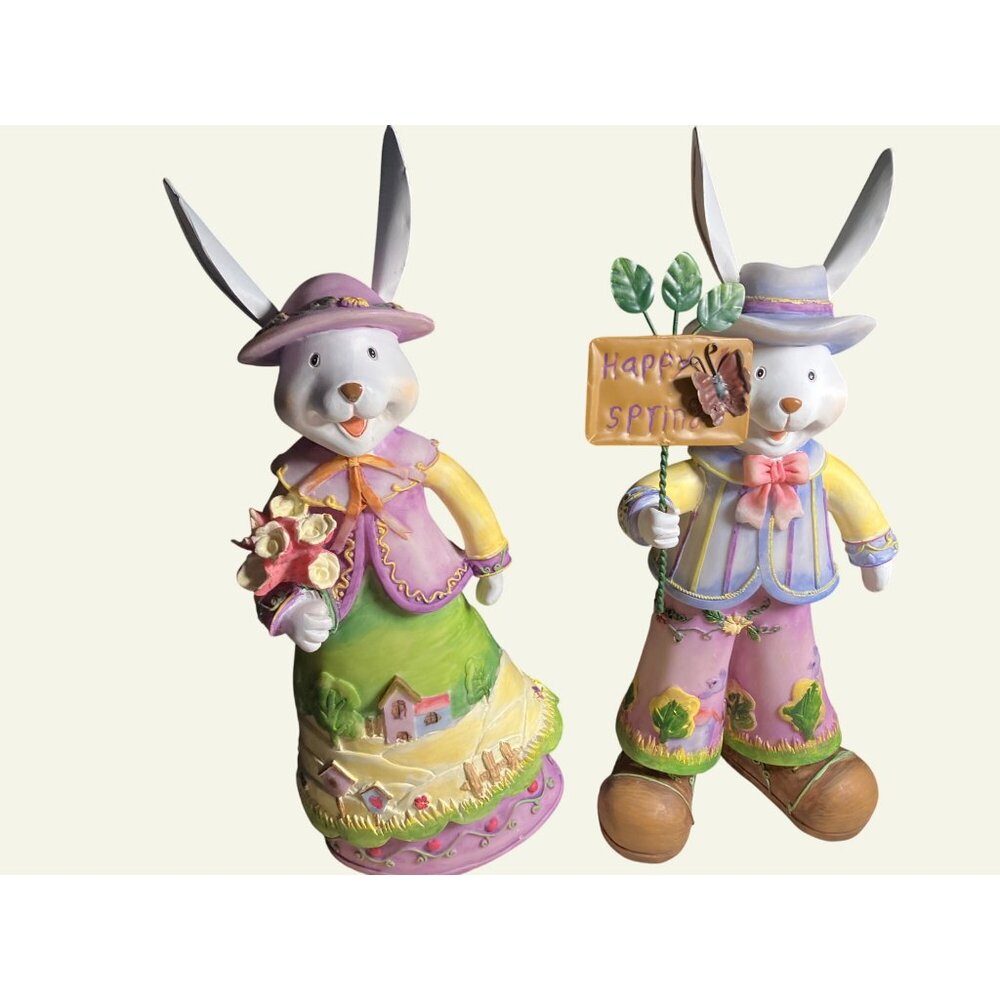 Easter Bunny Figurines Set Of 2 With Spring Details & Decorations